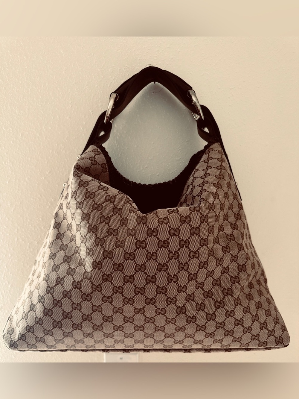 ICONIC VTG GUCCI Large GG Canvas Horsebit Hobo Bag w Leather Trim - EVC w Duster